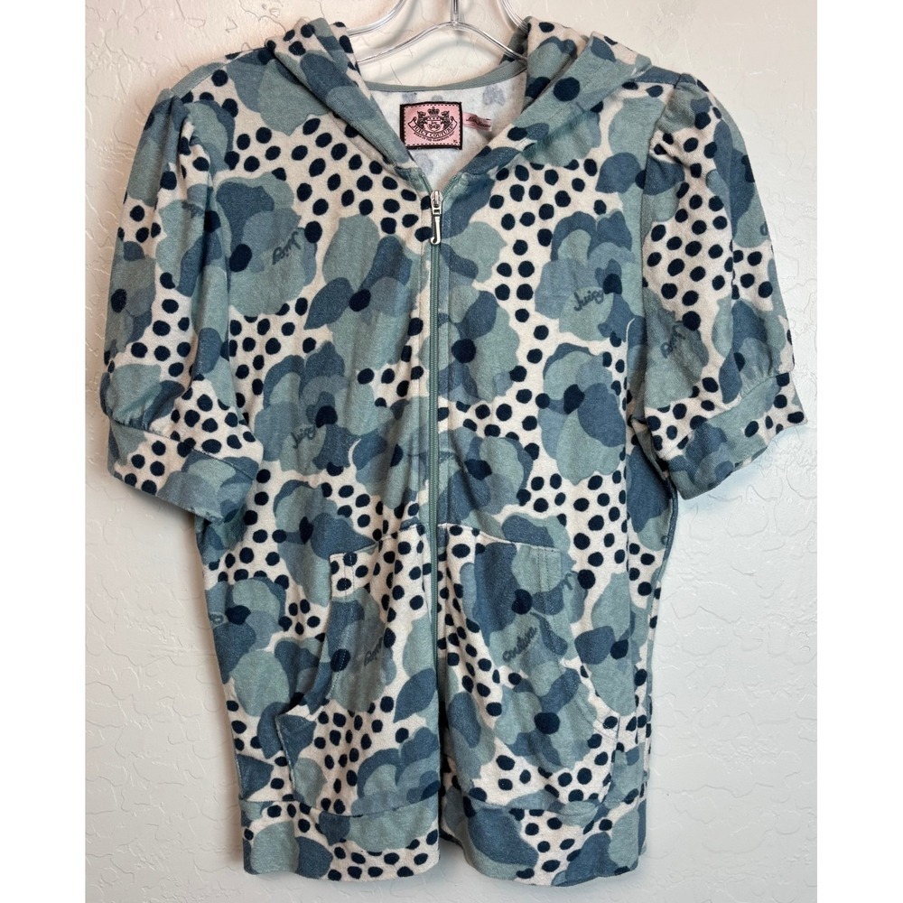 Juicy Couture Floral Polka Dot Short Sleeve Zip Up Hoodie Blue White XL 2210
